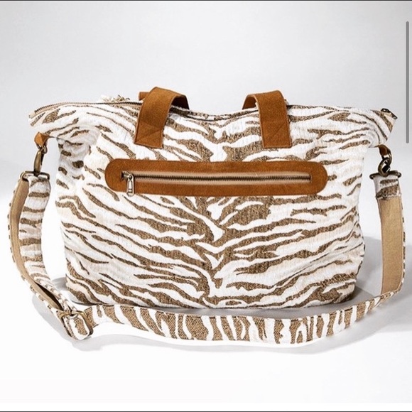 White & Taupe Tiger Print Motif Shoulder Bag - Picture 5 of 10